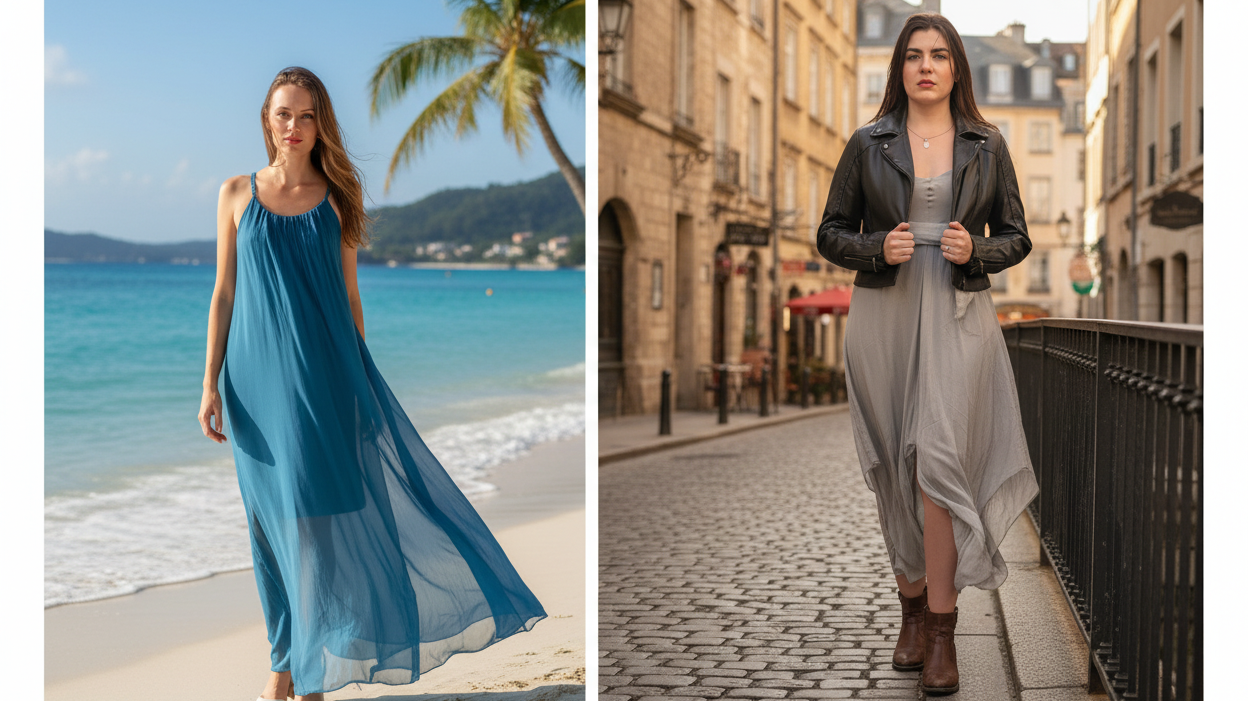 Woman in a flowing maxi dress on a beach vacation and in a leather jacket on a city street — beach vacation vs city trip outfit ideas