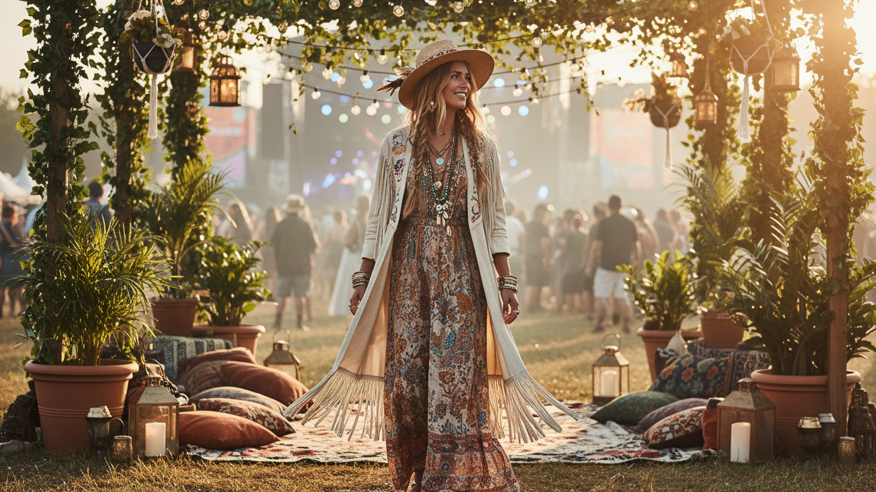 Boho woman in fringe jacket at a summer music festival with golden hour lighting