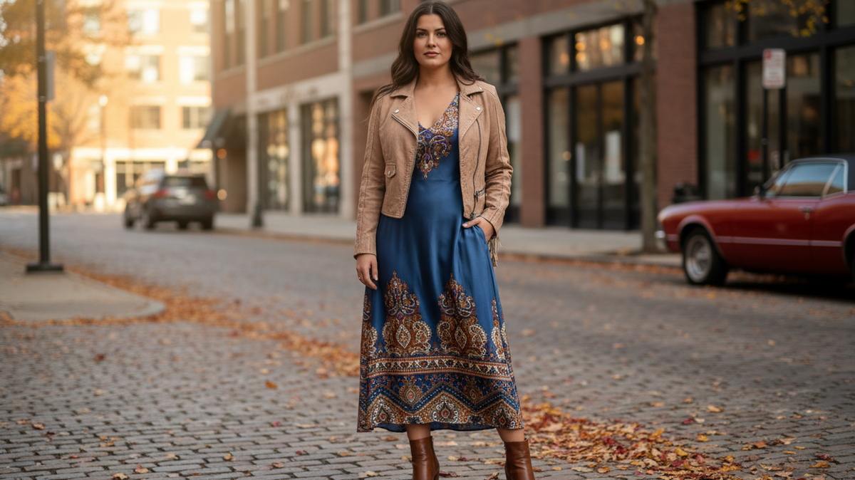 Woman wearing a fringed leather moto jacket over a silk midi dress with ankle boots on an autumn city street — fall leather jacket trends