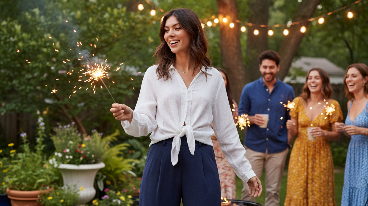 Woman wearing a white top and navy pants holding a sparkler at a Fourth of July backyard BBQ