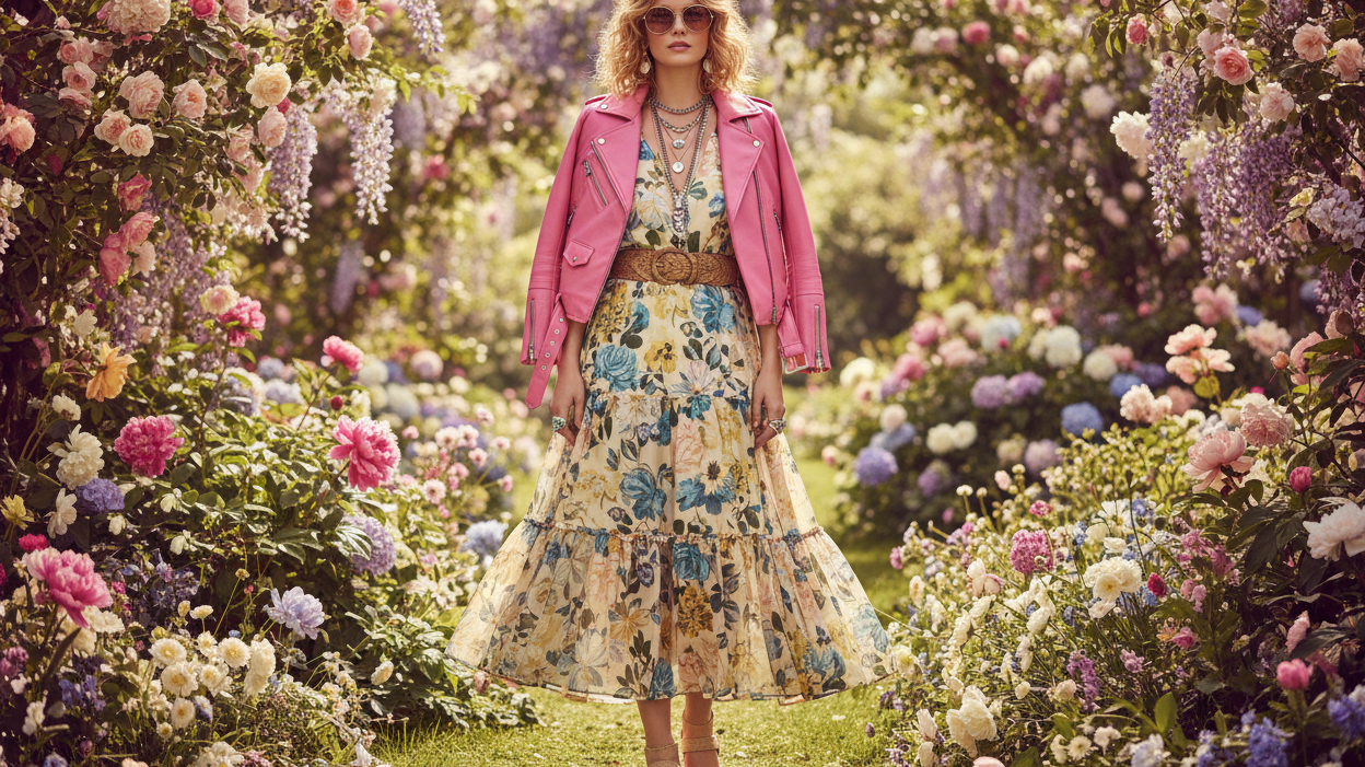 Woman wearing a pink leather jacket over a floral dress in a spring garden