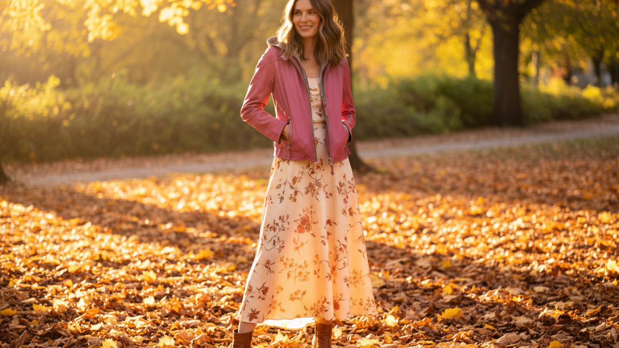 Woman wearing a pink leather jacket over a silk dress with ankle boots surrounded by autumn leaves — summer to fall outfit transition