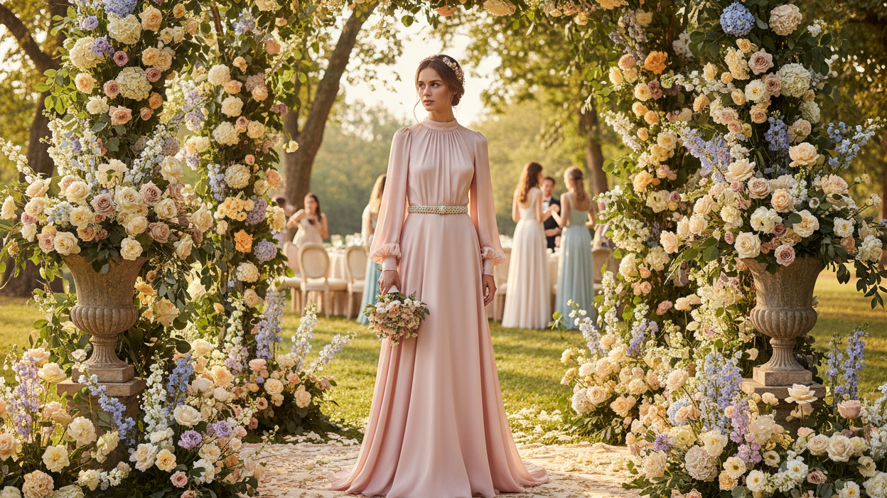 Woman in an elegant flowing silk dress at an outdoor summer wedding with floral arrangements and warm sunlight