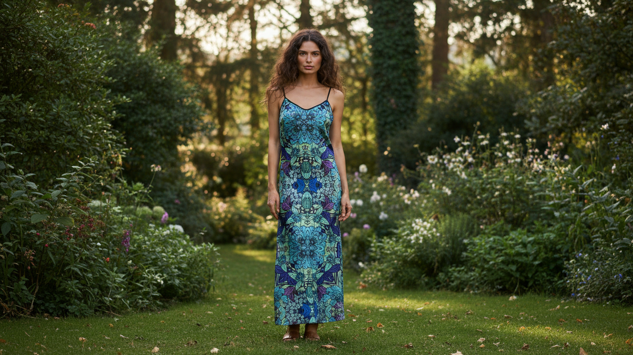 Woman in a blue floral slip maxi dress standing in a lush green garden — sustainable artisan women's fashion by Nuvula