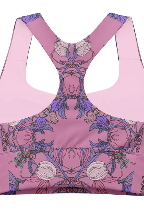 CROCUS PINK FLORAL LONGLINE SPORTS BRA BACK