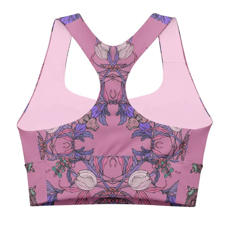 CROCUS PINK FLORAL LONGLINE SPORTS BRA BACK