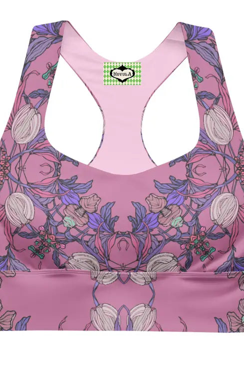 NUVULA CROCUS PINK FLORAL LONGLINE SPORTS BRA