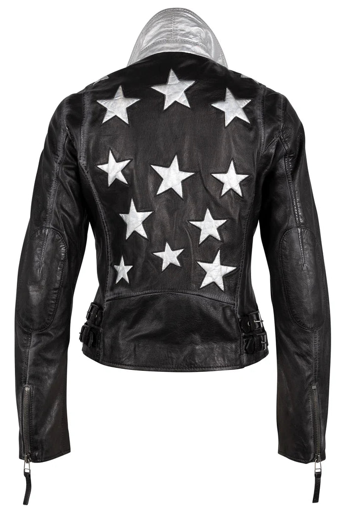 SILVER STAR MAURITIUS CHRISTY RF BLACK LEATHER JACKET HOLOGRAPHIC