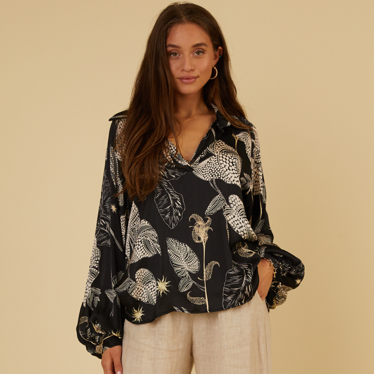 IBIZA BLACK SILKY BLOUSE IN BLACK