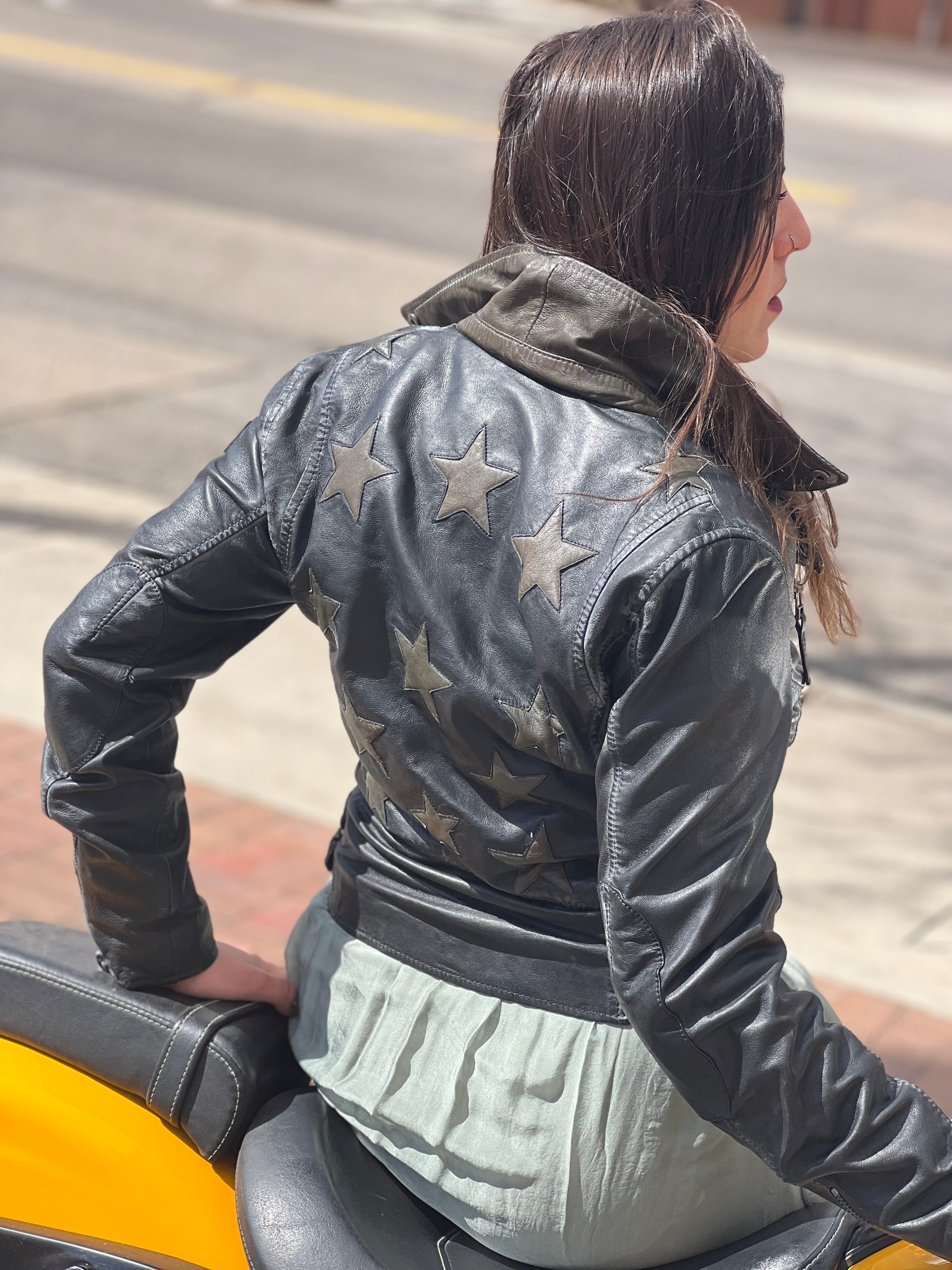 MAURITIUS CHRISTY GREEN STAR BLACK LEATHER MOTO JACKET