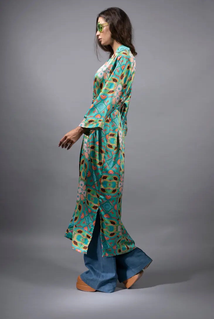 NUVULA PSYCHEDELIC STARS TEAL LONG SATIN KIMONO