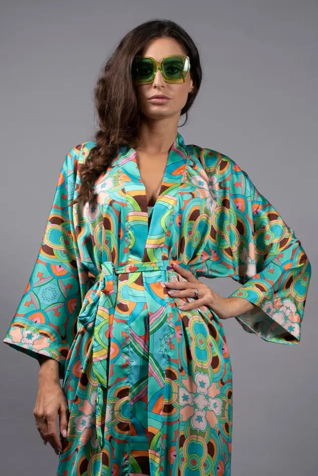 NUVULA PSYCHEDELIC STARS TEAL LONG SATIN KIMONO