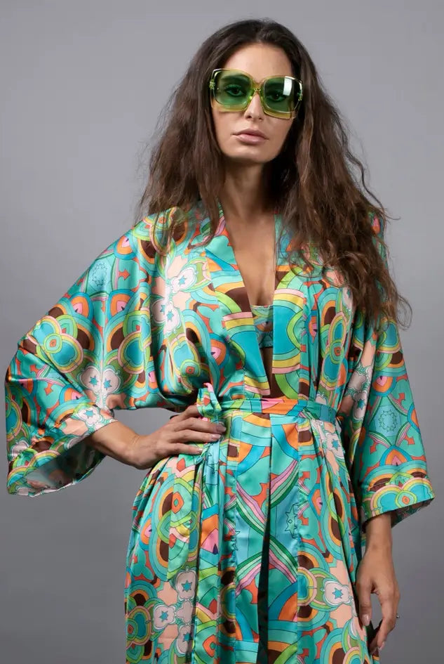 NUVULA PSYCHEDELIC STARS TEAL LONG SATIN KIMONO
