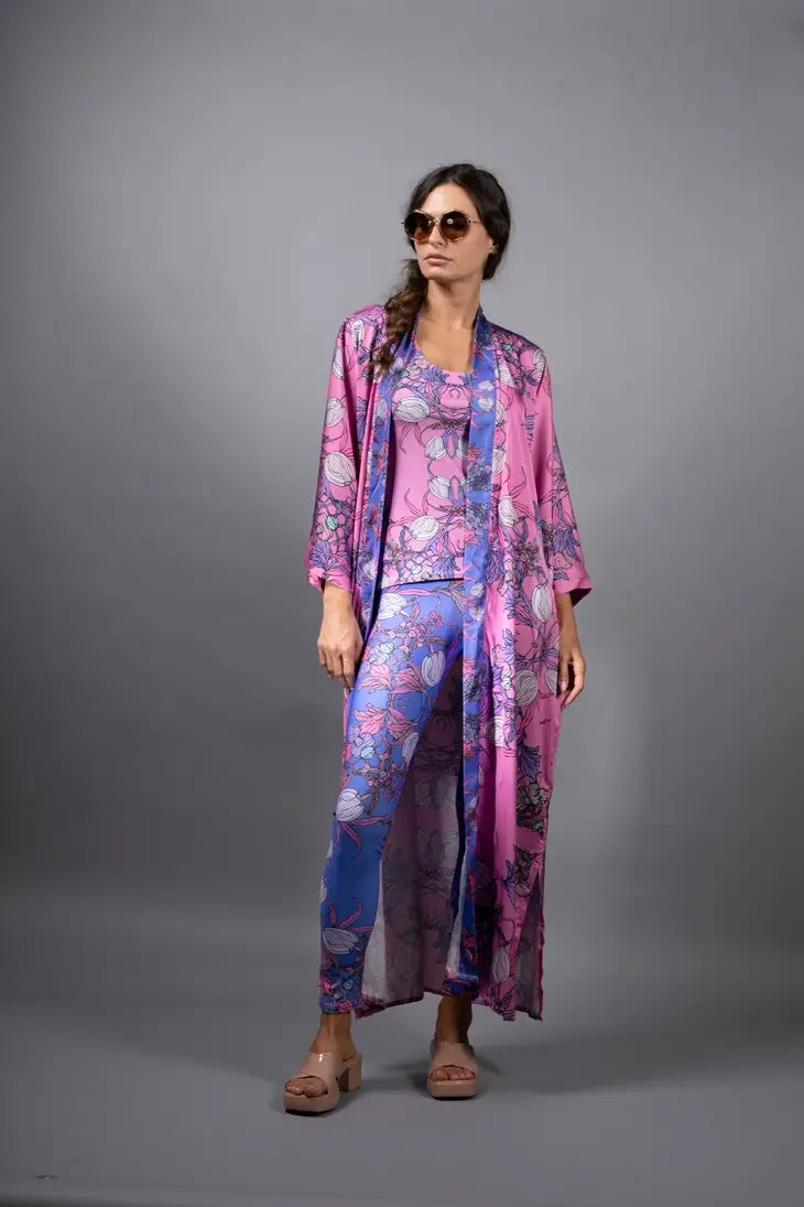 NUVULA CROCUS PINK FLORAL LONG SATIN KIMONO