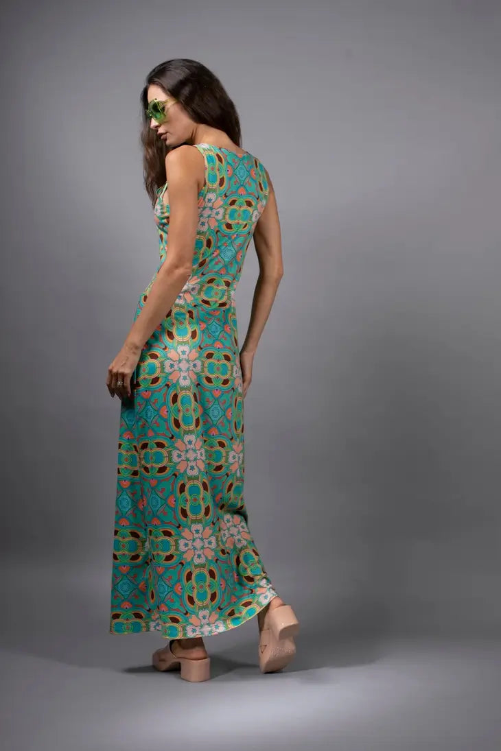 PSYCHEDELIC CROSSES AND STAR TEAL TANK MAXI DRESS