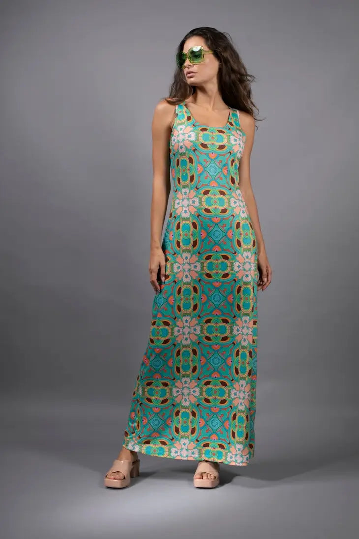 PSYCHEDELIC CROSSES AND STAR TEAL TANK MAXI DRESS