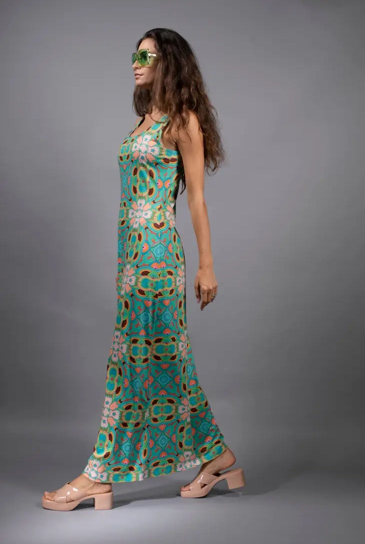 PSYCHEDELIC CROSSES AND STAR TEAL TANK MAXI DRESS