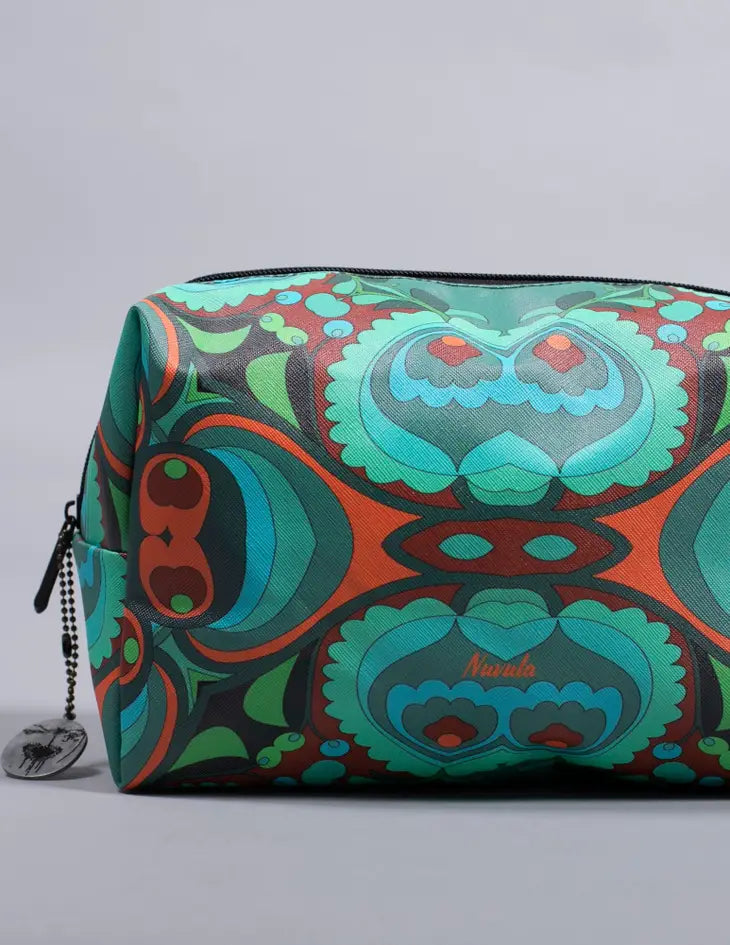 PSILOCYBIN TEAL AND ORANGE DESIGNER COSMETIC BAG CLOSEUP