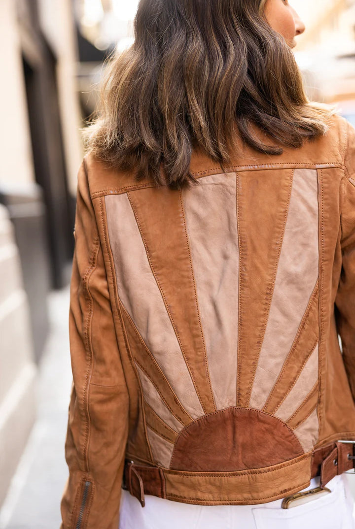 SUNNY TAN LEATHER JACKET WITH SUNRISE DETAIL