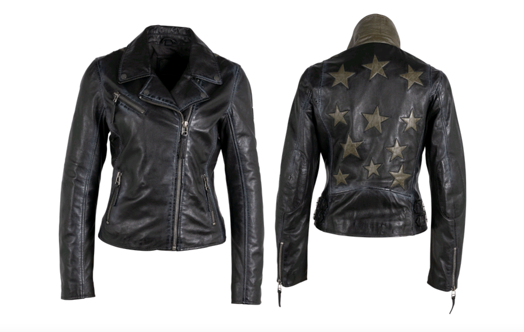 MAURITIUS CHRISTY GREEN STAR BLACK LEATHER MOTO JACKET