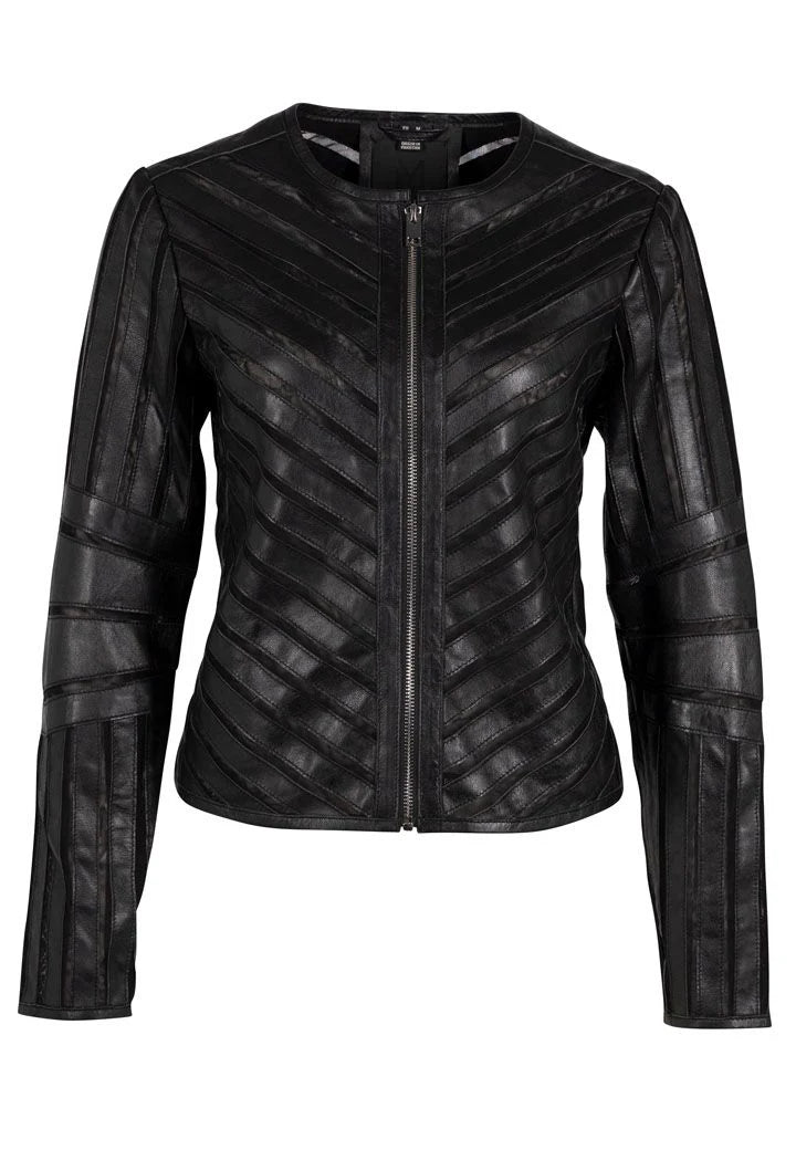 MAURITIUS TILA RF BLACK LEATHER JACKET WITH SHEER DETAIL