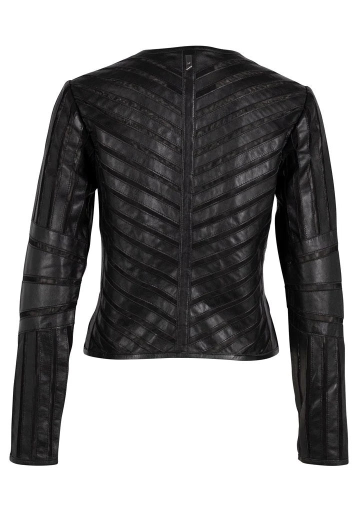 MAURITIUS TILA RF BLACK LEATHER JACKET WITH SHEER DETAIL