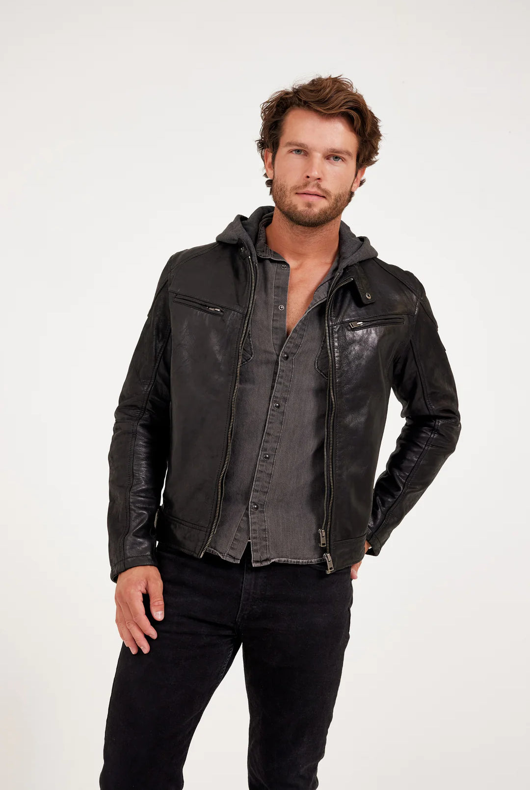 MAURITIUS BLACK LEATHER JACKET WITH ZIPOUT INSERT AND HOOD
