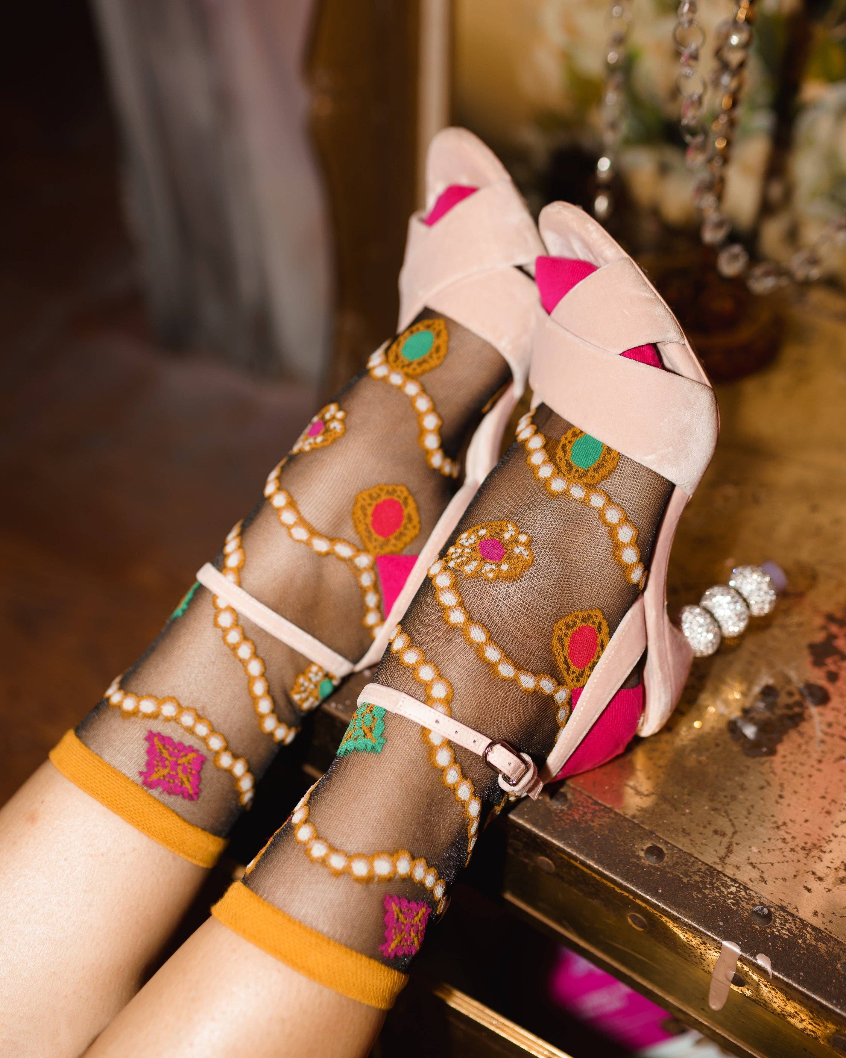 PEARLS & JEWELS BLACK SHEER ANKLE SOCK BY SOCK CANDY
