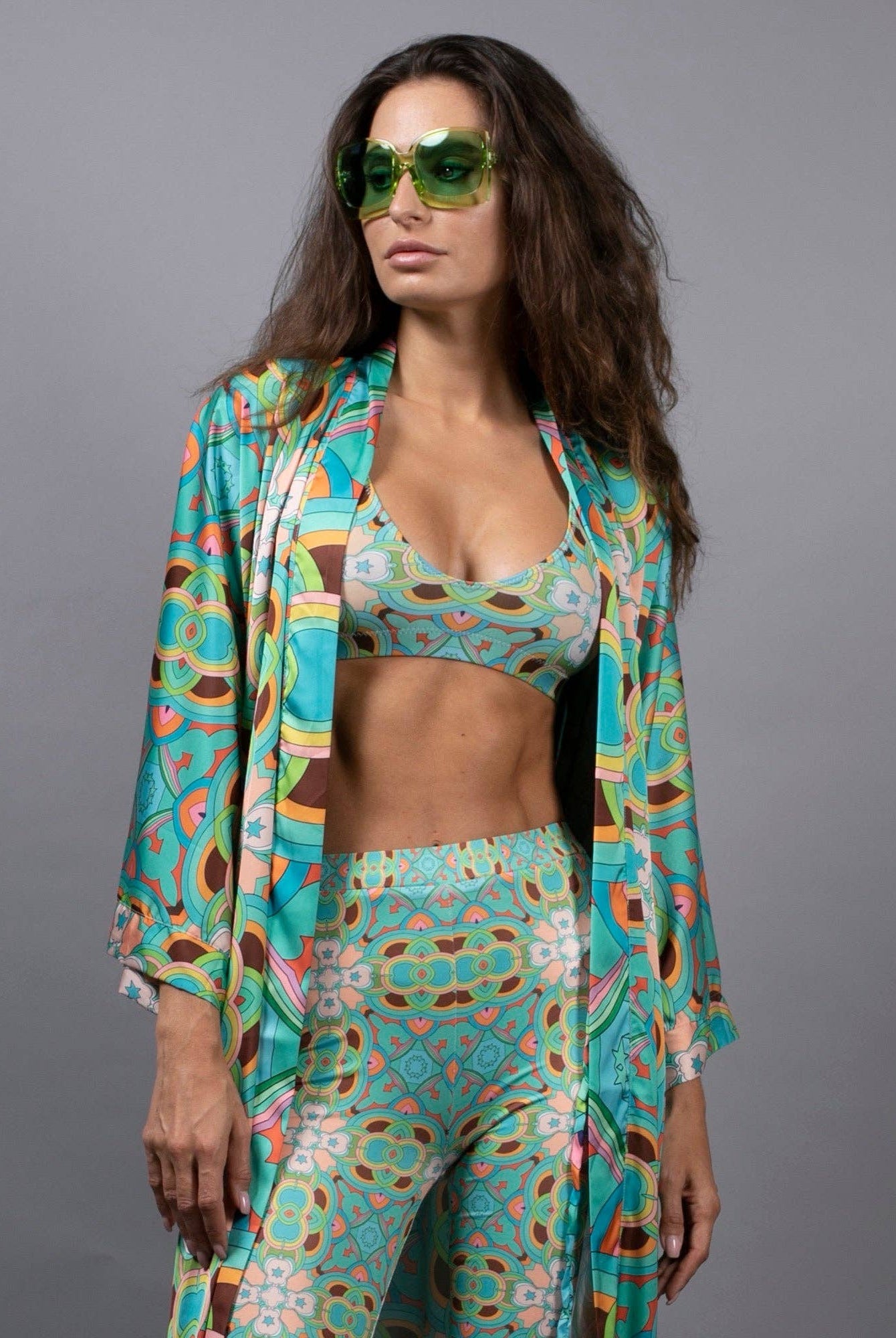 NUVULA PSYCHEDELIC STARS TEAL LONG SATIN KIMONO