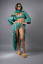 PSILOCYBIN TEAL AND ORANGE LONG SATIN KIMONO BY NUVULA