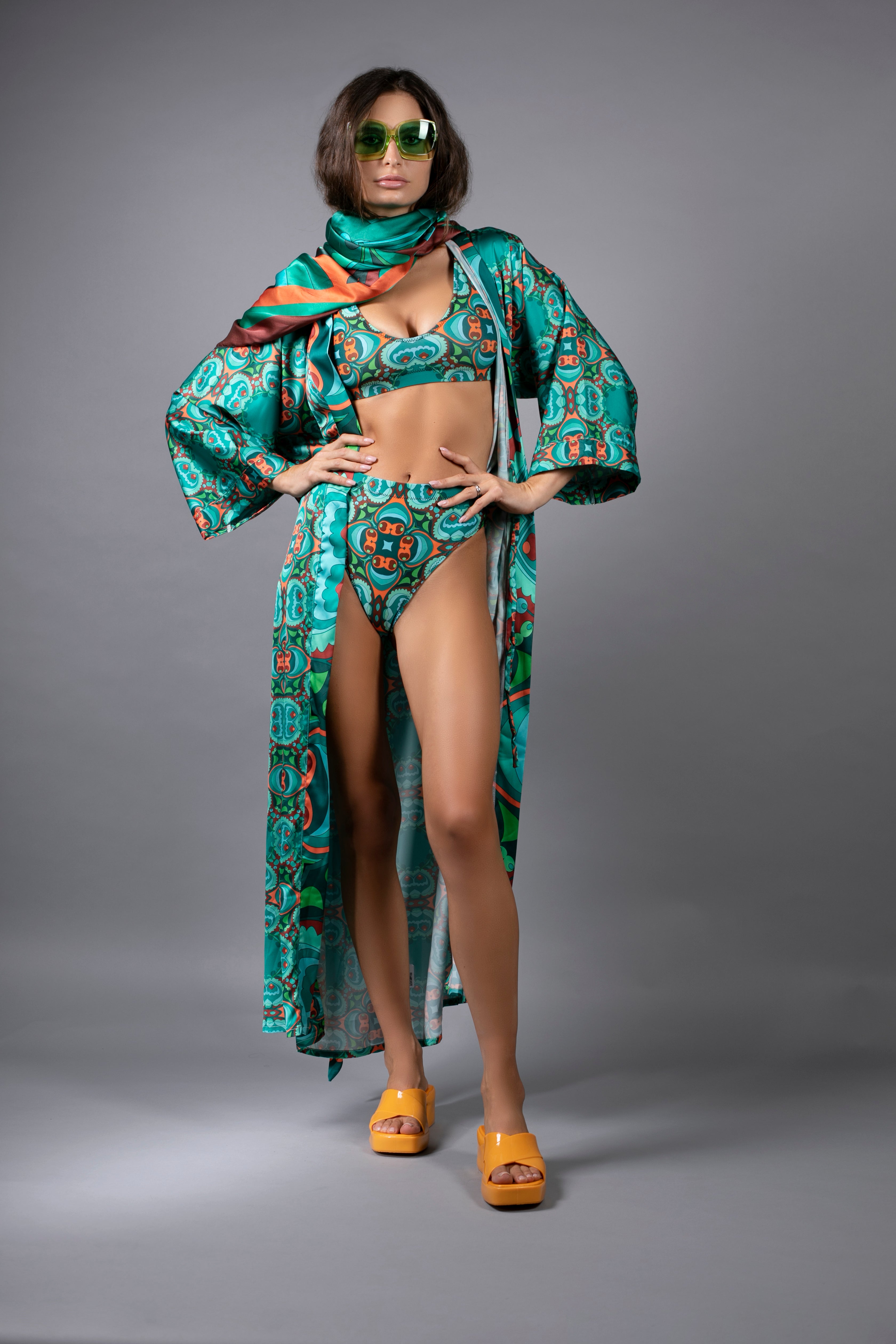 PSILOCYBIN TEAL AND ORANGE LONG SATIN KIMONO BY NUVULA