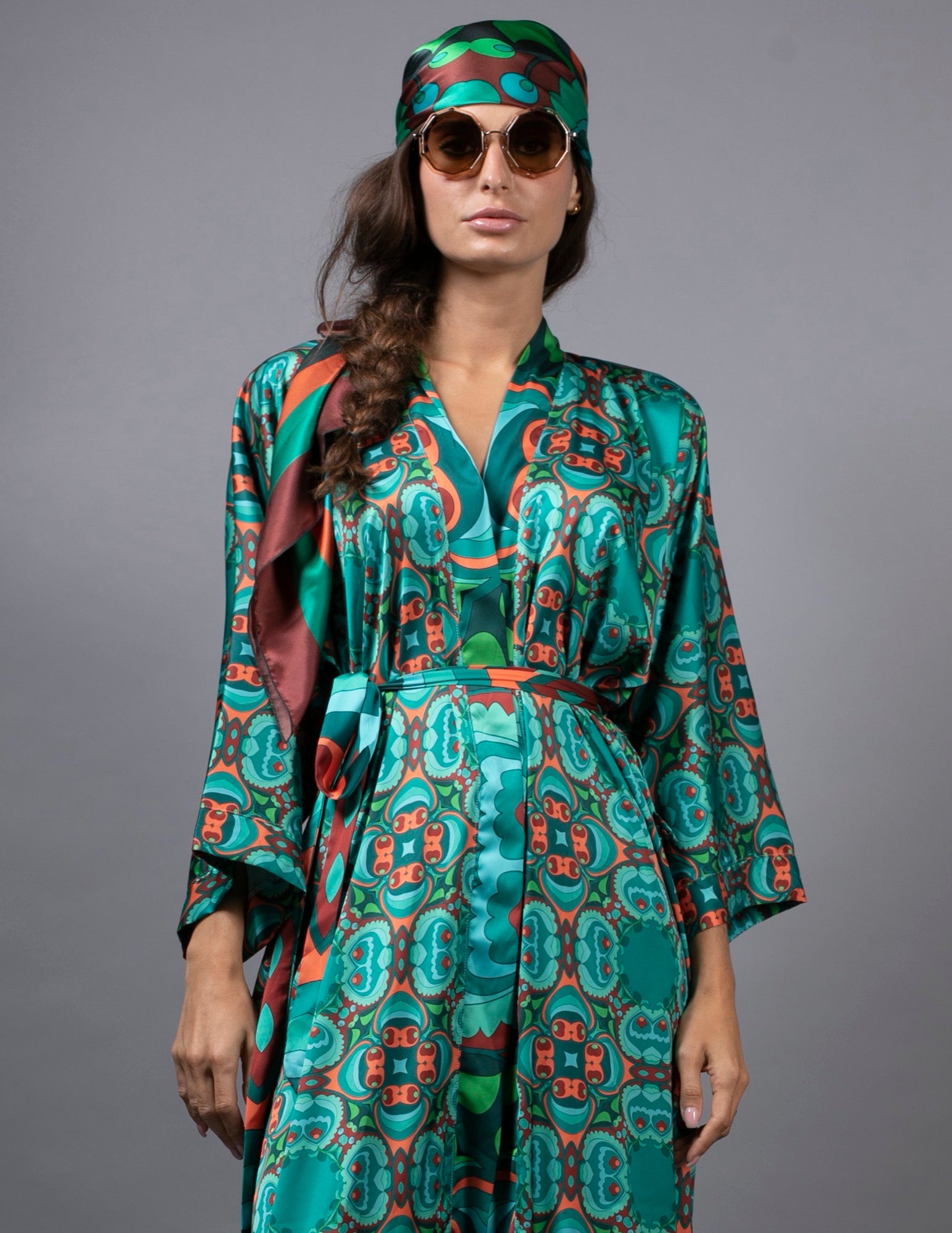 PSILOCYBIN TEAL AND ORANGE LONG SATIN KIMONO BY NUVULA