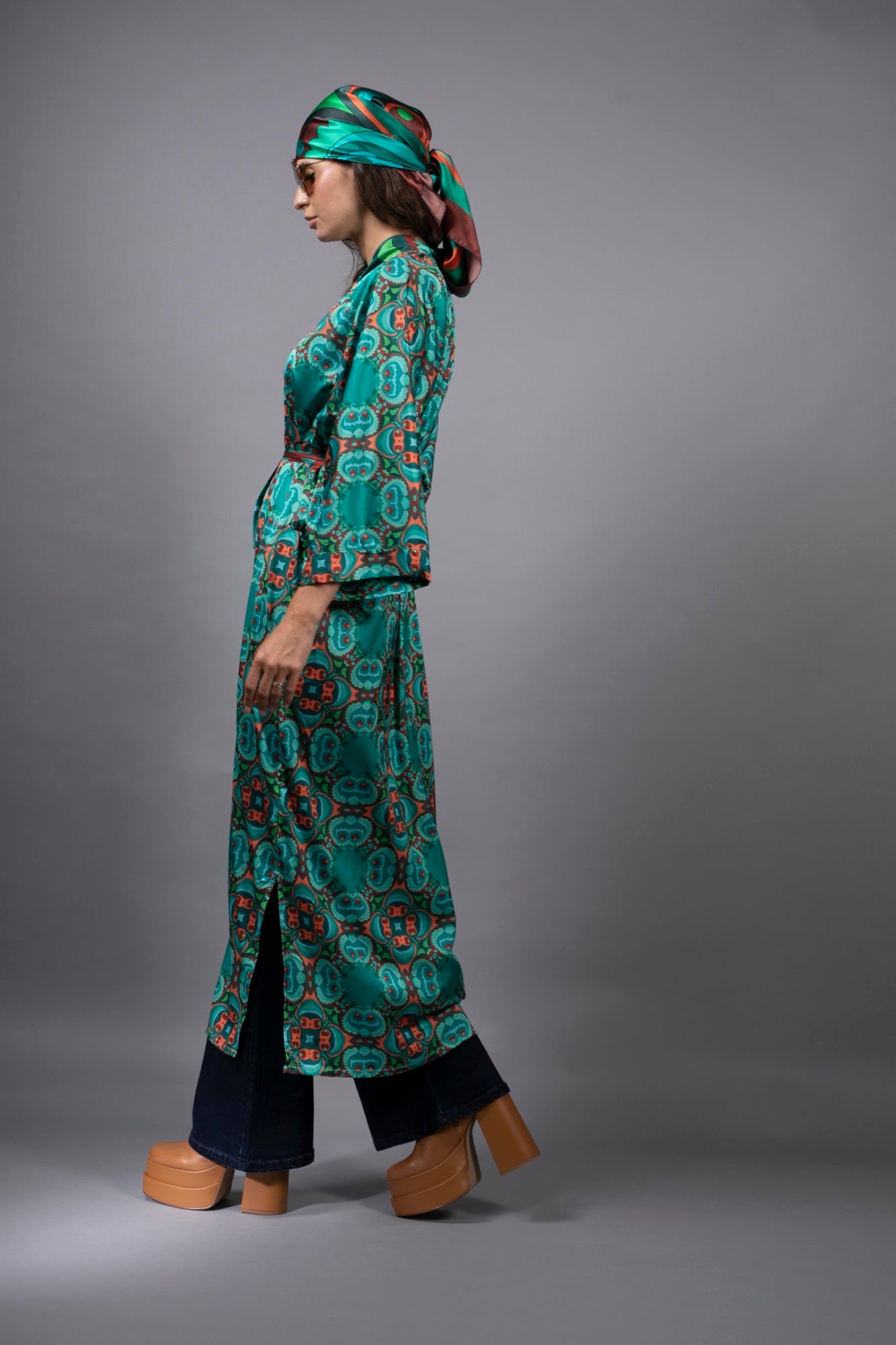 PSILOCYBIN TEAL AND ORANGE LONG SATIN KIMONO BY NUVULA