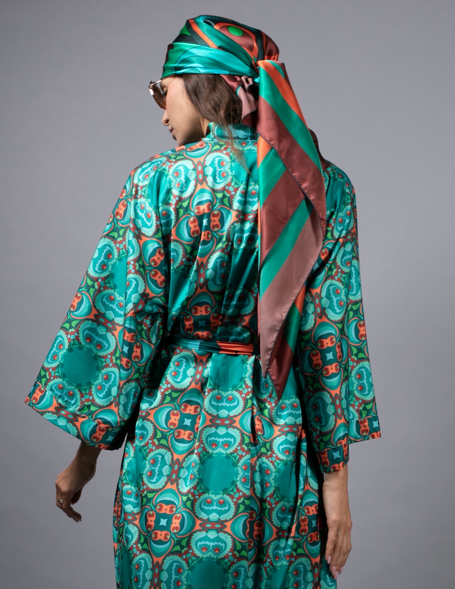 PSILOCYBIN TEAL AND ORANGE LONG SATIN KIMONO BY NUVULA