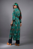 PSILOCYBIN TEAL AND ORANGE LONG SATIN KIMONO BY NUVULA