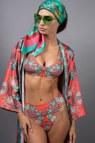NUVULA CROCUS FLORAL RED AND AQUA SATIN KIMONO ROBE