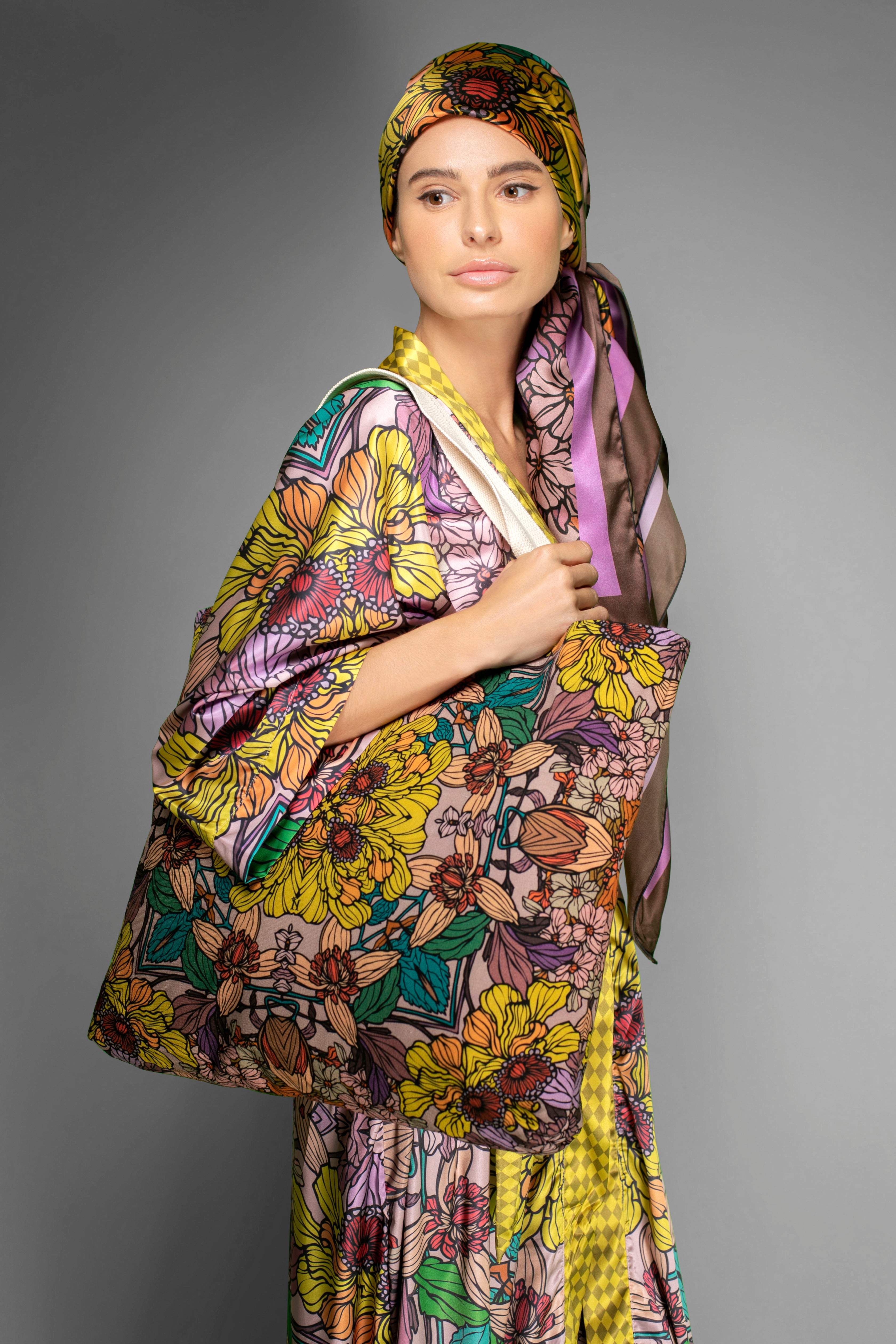 GOLDEN FLORAL SATIN KIMONO ROBE BY NUVULA