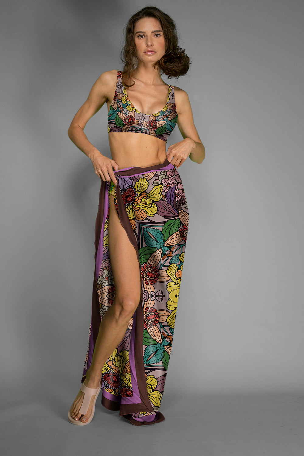 GOLDEN GARDEN HIGH WAISTED BIKINI SET SHOWN WITH COVERUP SILK SCARF