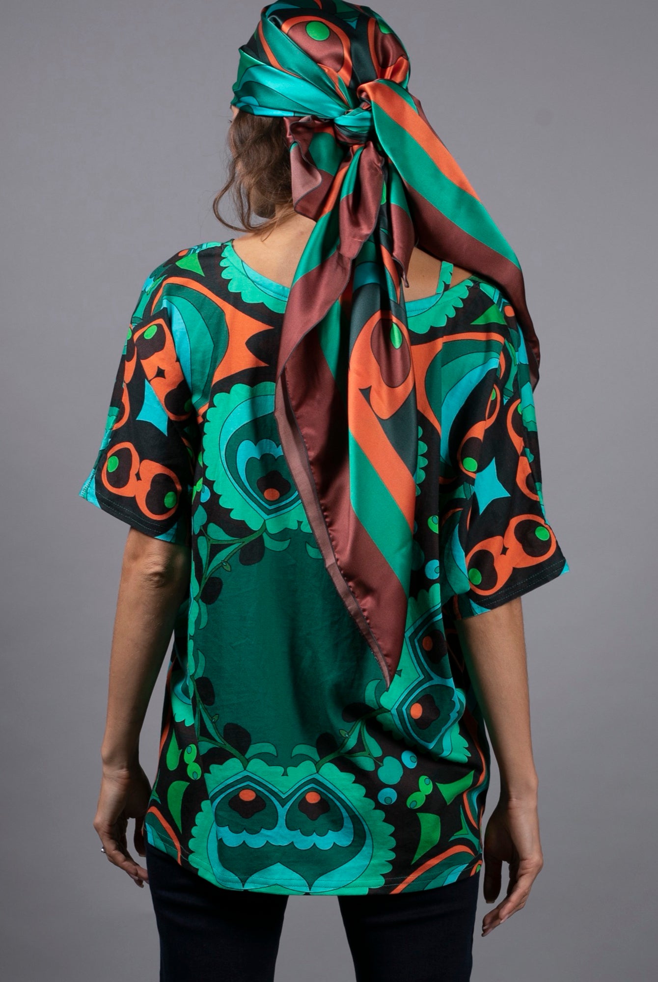 NUVULA PSILOCYBIN TEAL AND ORANGE SILK SCARF