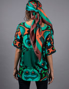NUVULA PSILOCYBIN TEAL AND ORANGE SILK SCARF