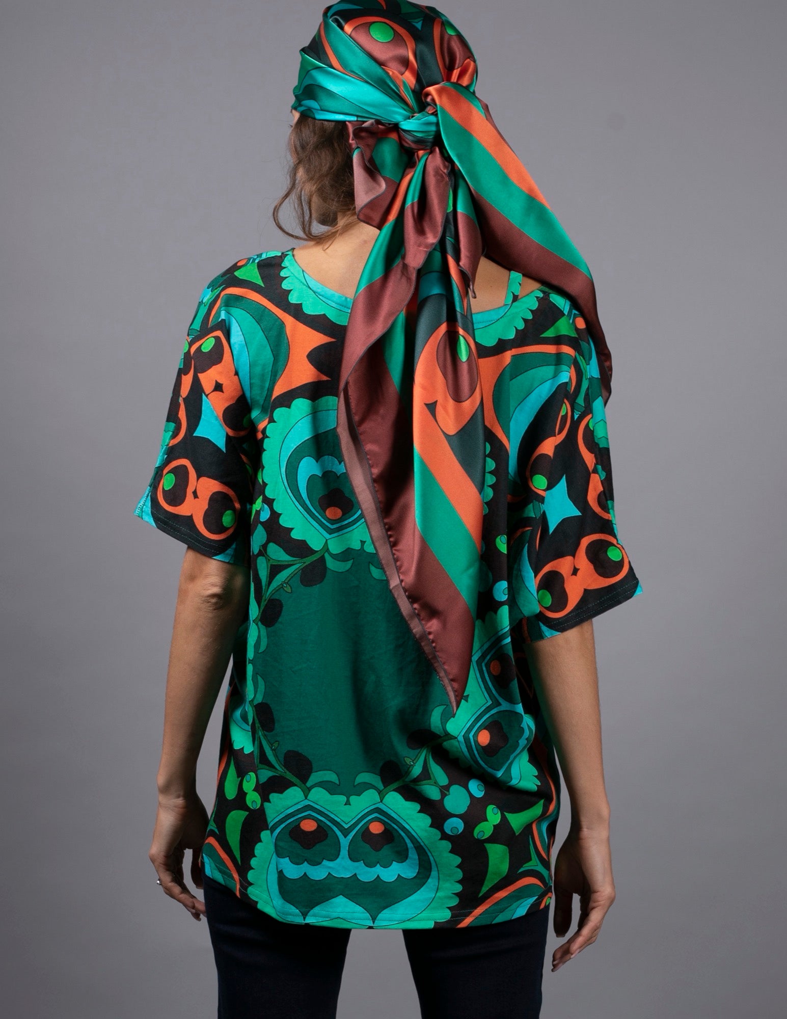 NUVULA PSILOCYBIN TEAL AND ORANGE SILK SCARF