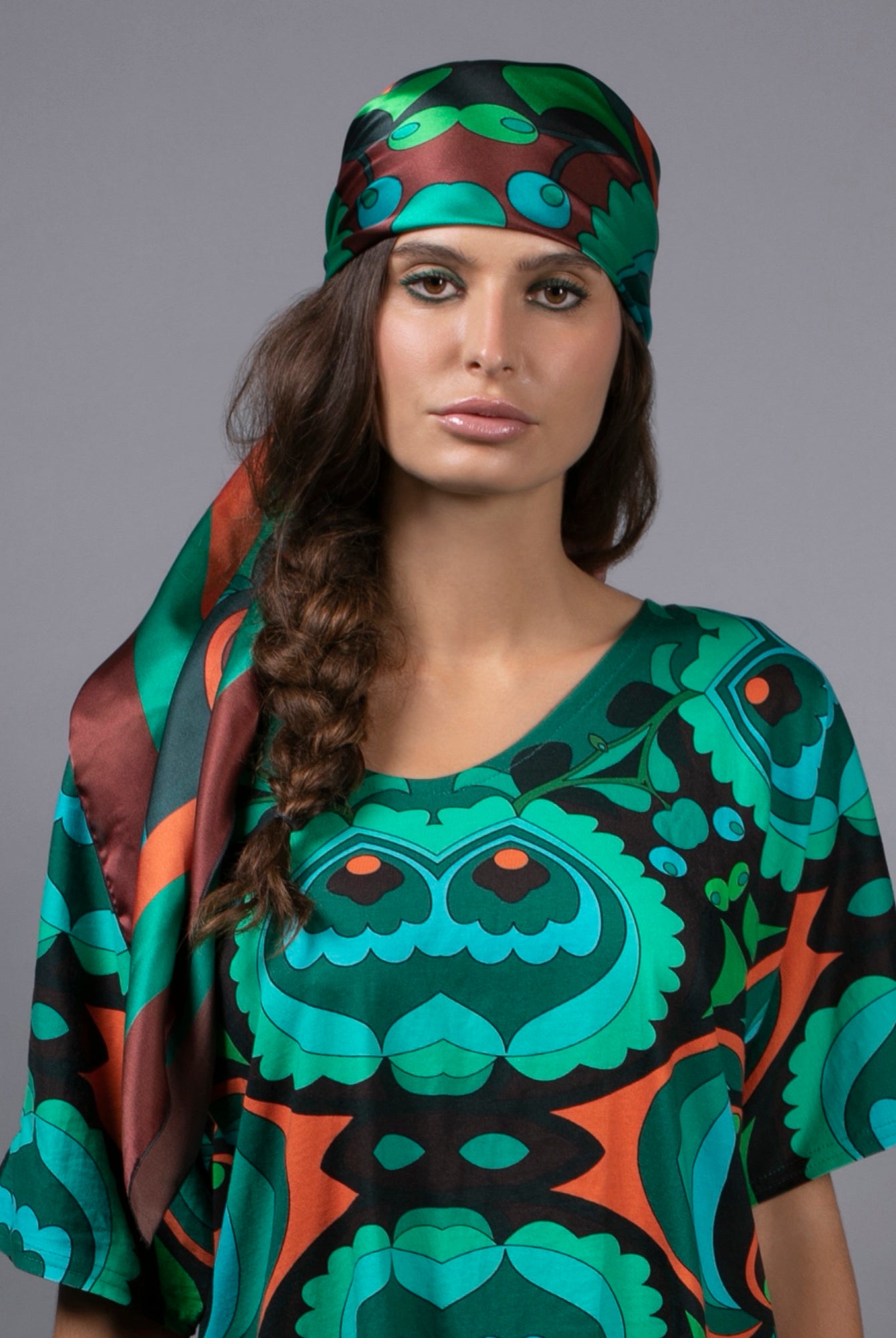 NUVULA PSILOCYBIN TEAL AND ORANGE SILK SCARF