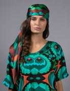 NUVULA PSILOCYBIN TEAL AND ORANGE SILK SCARF