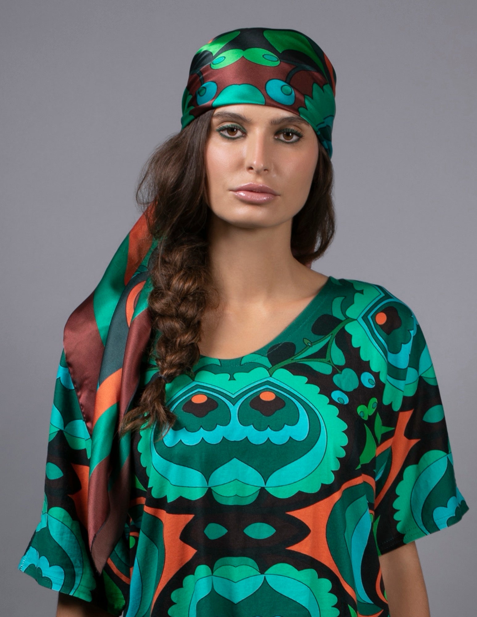 NUVULA PSILOCYBIN TEAL AND ORANGE SILK SCARF