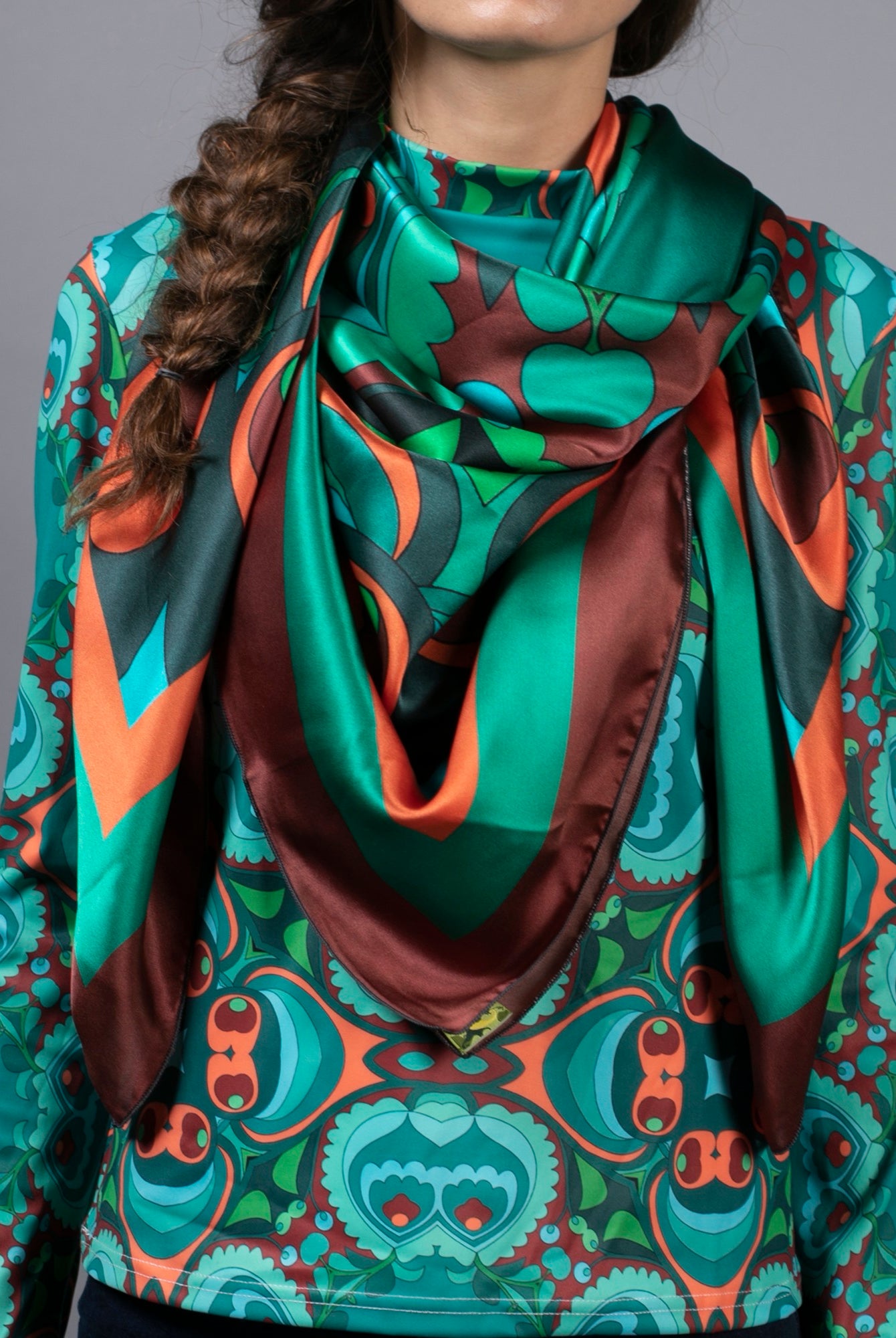 NUVULA PSILOCYBIN TEAL AND ORANGE SILK SCARF