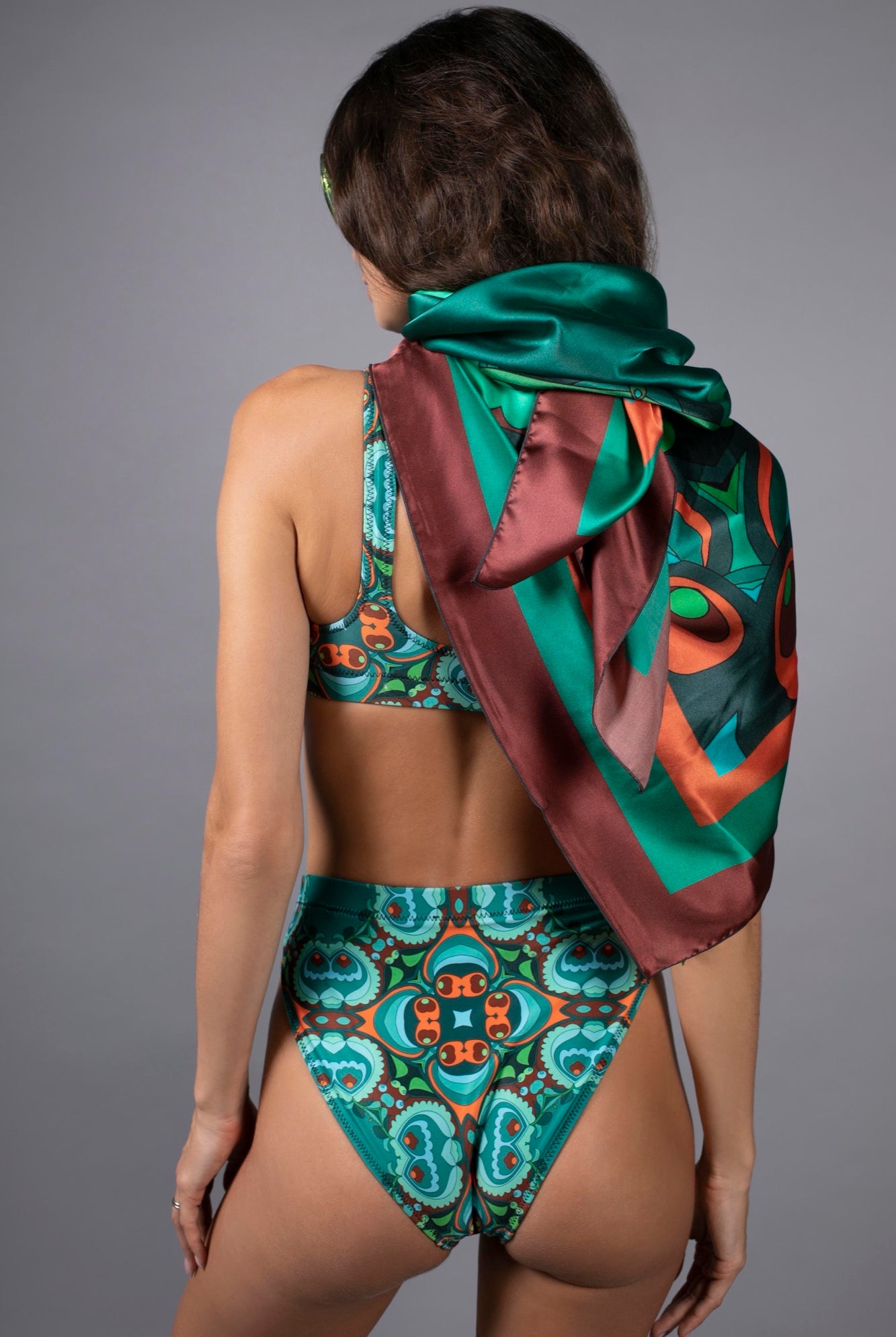 NUVULA PSILOCYBIN TEAL AND ORANGE SILK SCARF