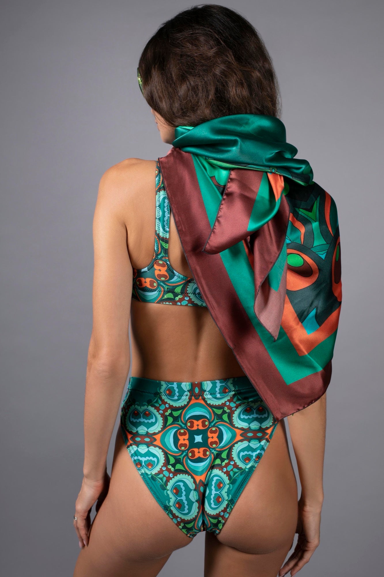 NUVULA PSILOCYBIN TEAL AND ORANGE SILK SCARF