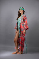 NUVULA CROCUS FLORAL RED AND AQUA SATIN KIMONO ROBE