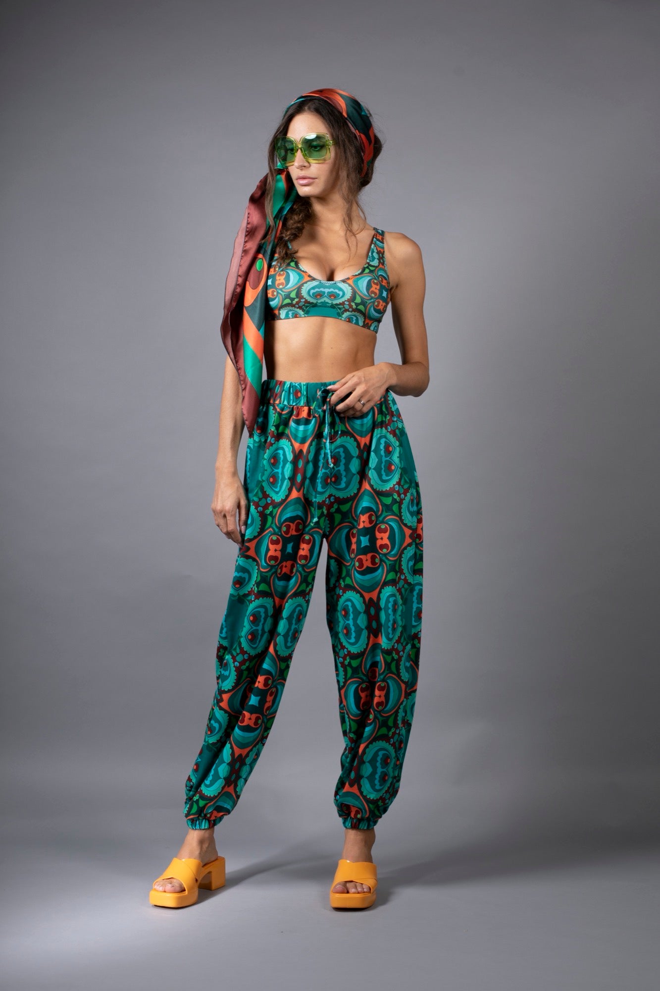 NUVULA PSILOCYBIN TEAL AND ORANGE HAREM PANTS