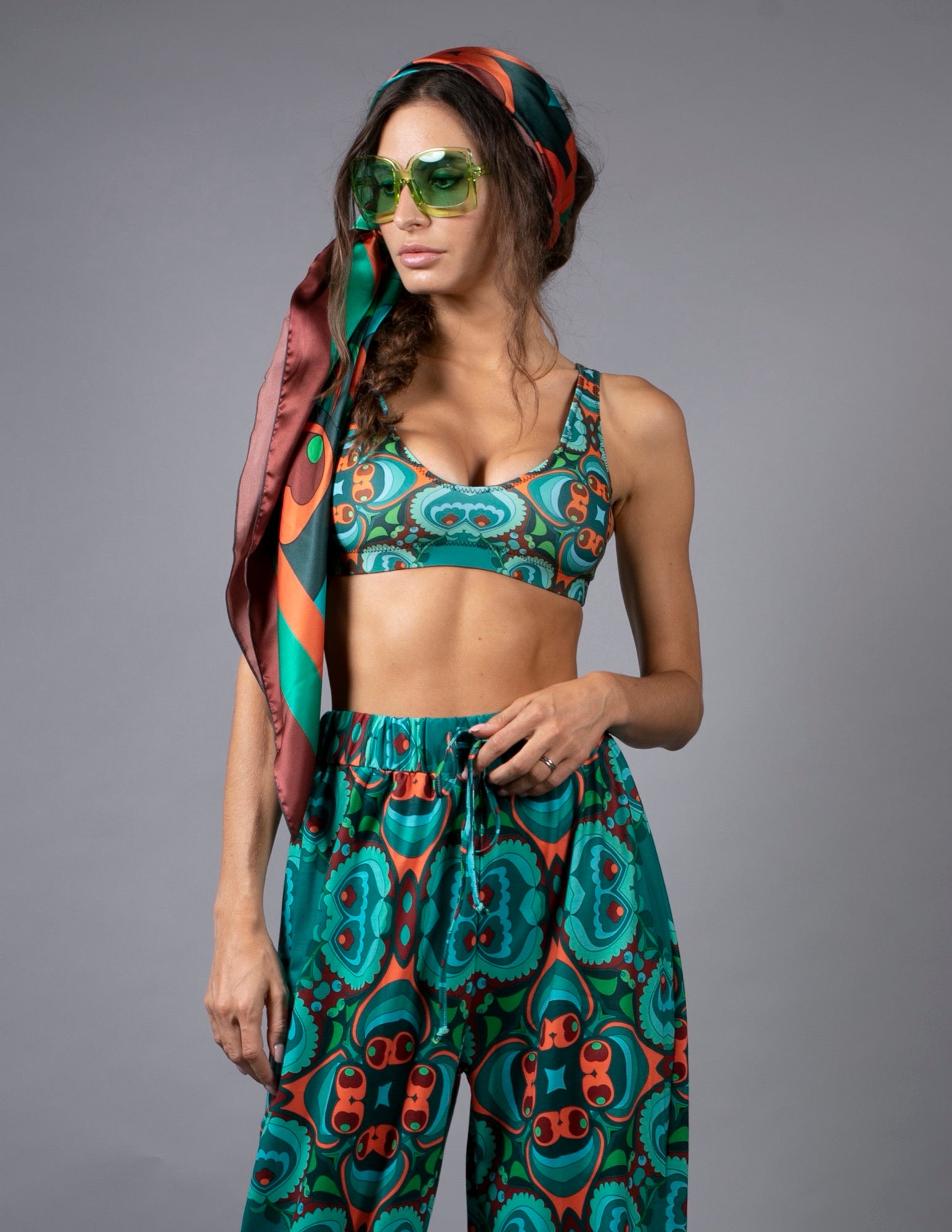 NUVULA PSILOCYBIN TEAL AND ORANGE HAREM PANTS